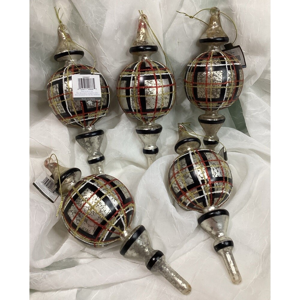 Mercury Glass Finial Christmas Plaid Ornaments X5 Black, Red, Gold & Silver 9"
